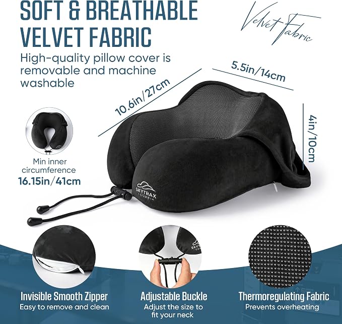 SkytraxComf® Travel Neck Pillow with Hood for Privacy on Long Flights | Memory Foam | Airplane Sleep | Safety-Tested Materials | Extra Large Hood | Chin Support | Earplugs | Washable Cover