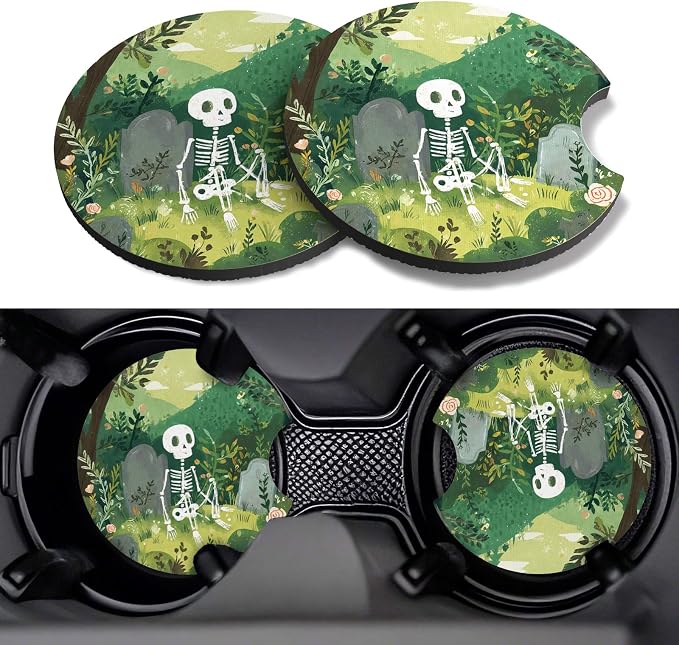 Car Cup Coasters,2 Pack Car Coaster,2.75inch Anti Slip and Absorbent Cars Coasters for Cup Holders,Car Accessories for Women,Cute Decor for Women (Forest Skull)