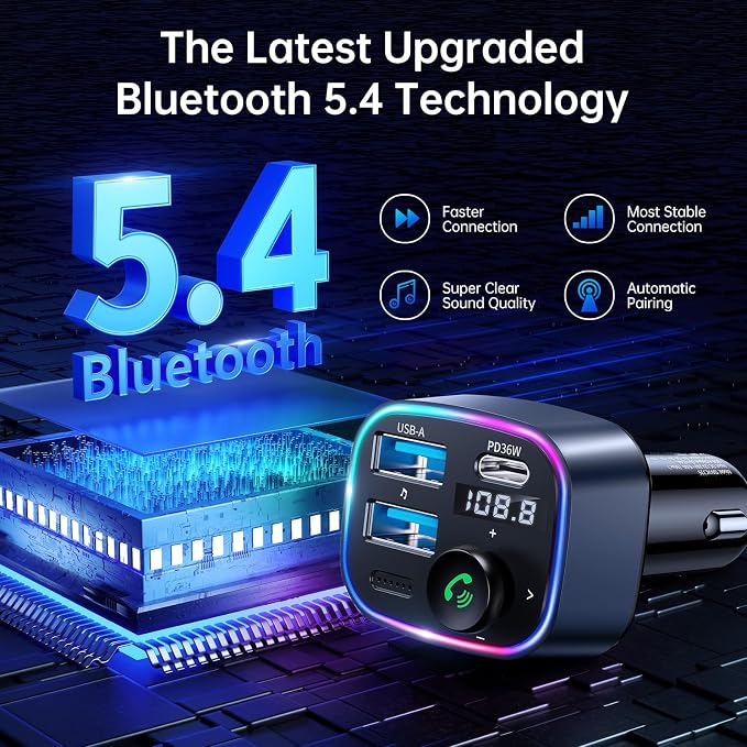 Syncwire Bluetooth 5.4 FM Transmitter Car Adapter 48W(PD 36W & 12W) [Light Switch] [Hi-Fi Deep Bass] [Fast Charging] Wireless Radio Music Adapter LED Display Hands-Free Calling Support USB Drive