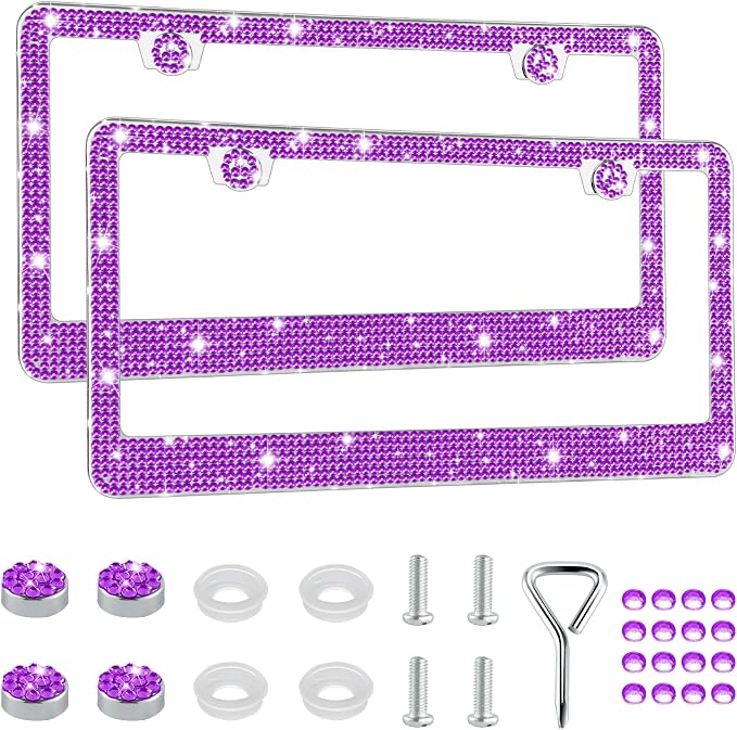 GaRhomxy Bling License Plate Frames for Women, 2 Pack Handcrafted Sparkly Rhinestone Car Accessories, Premium Stainless Steel Frame with 1000+ Faceted Glass Crystals & Free Glitter Caps (Purple)