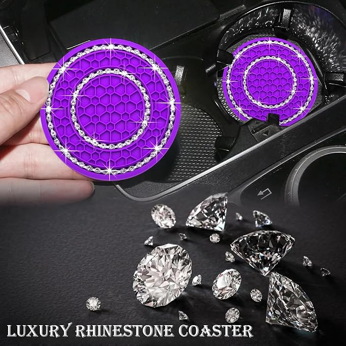 2PCS Bling Crystal Rhinestone Cup Holder Coaster, 2.75 inch Soft Silicone Anti-Slip Shockproof, Car Cup Holder Insert Coasters, Universal Car Interior Accessories for Women (Purple & White)