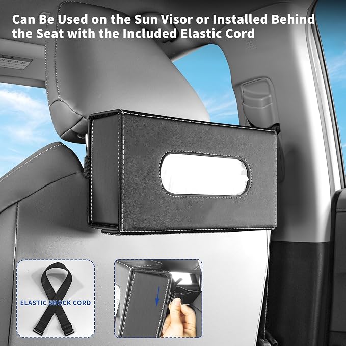 Car PU Leather Tissue Holder for Sun Visor and Back Seat Organizer | Tissues Box Cover for Sunvisor and Cars Backseat Large Rectangle Napkin Holder Fit for Various Tissue Sizes Box Organizer