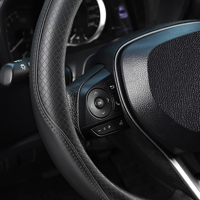 SEG Direct Steering Wheel Cover 14-14.25 inch (35.5-36 cm) Small Size, Microfiber Leather, Non-Slip Comfortable Grip, Fits Cars Prius Civic Model 3 Model Y Camaro, Black