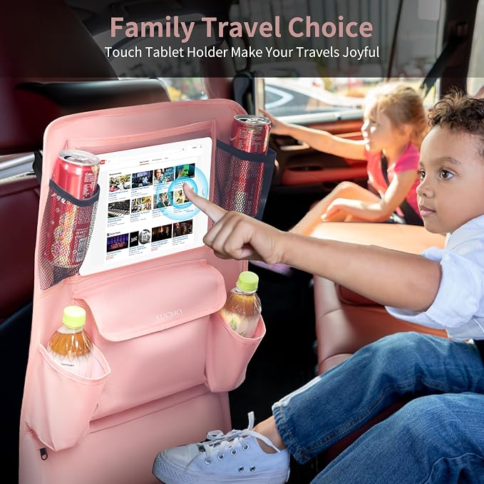 LUCMO Car Backseat Organizer with Touch Screen Tablet Holder, Pink | 9 Storage Pockets,Clear Tablet Holder,Protectors Kick Mats,Travel Accessories,Seat Cover,Road Trip Essentials