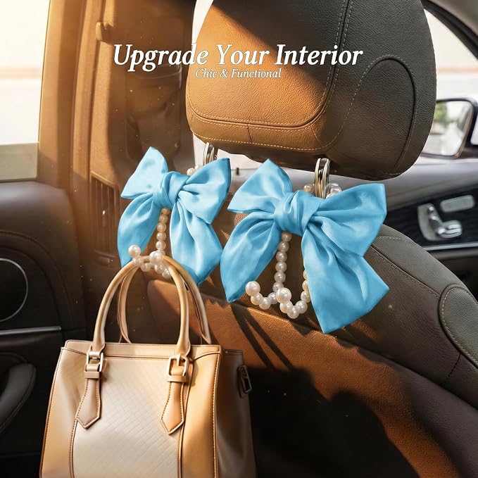 2PCS Satin Bow Pearl Car Seat Headrest Hooks – Car Bag Holder & Vehicle Hanger for Purses – Cute Coquette Aesthetic Interior Decoration – Cute Auto Organizer Accessories Universal (Sky Blue)