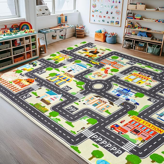 Car Rug Play Mat for Kids Toy Cars, City Road Traffic Playmat for Kid Bedroom, Non-Slip Machine Washable Kids Rugs for Learn and Have Fun 5'x7'/ 60"x84", Beige