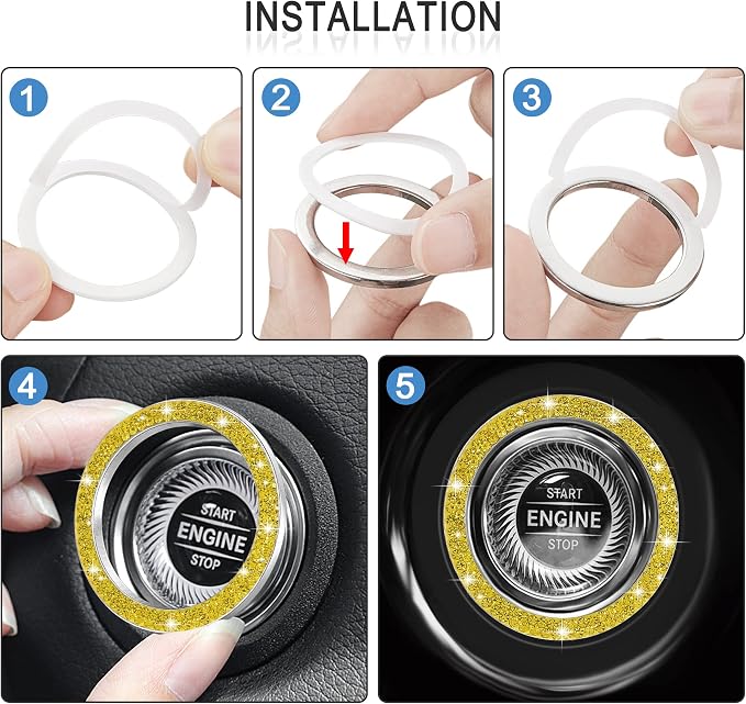 WINKA 2pcs Bling Car Engine Start Button Cover Diamond Crystal Push Start Stop Button Ring Sparkly Bling Ignition Button Cover Rhinestone Keyless Ignition Ring Universal Car Accessories (Yellow)
