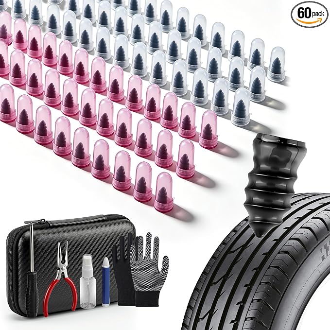 60 PCS Tire Repair Rubber Nails Kit, Vacuum Tire Screw Plugs, Fast Self-Service Tire Repair Tool for Car, Truck, Motorcycle, Bike, Tractor Puncture Repair Kit (Screwdriver Included)