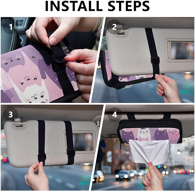 Car Visor Tissue Holder Mask Holder for Car, Car Tissue Box Sun Visor Napkin Holder Car Visor Accessories Adjustable Straps Reusable Durable Easy to Install Pink and Purple Cats