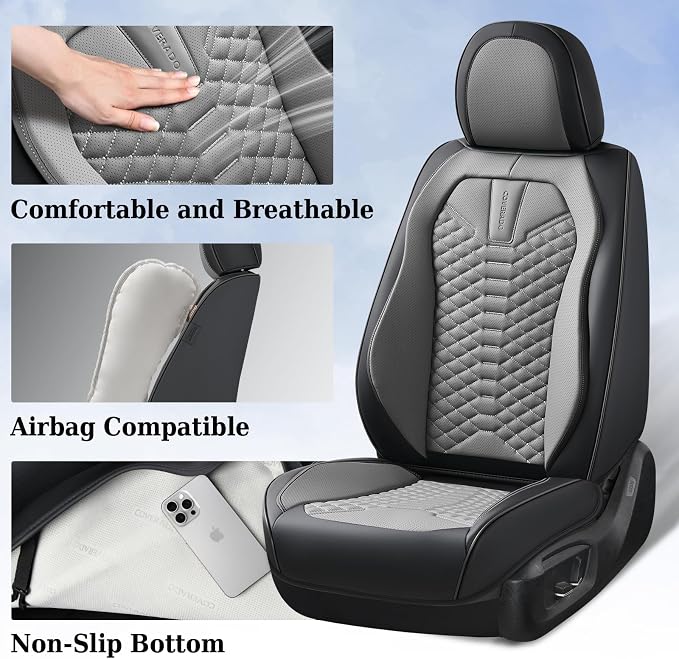 Coverado Leather Seat Covers, Car Seat Covers Full Set, Nappa Leather Seat Covers for Cars, Car Seat Protectors Waterproof, 5 Seats Black&Gray Automotive Seat Covers Fit for Most Cars Trucks