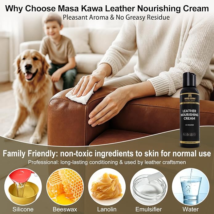 Masa Kawa Leather Care Conditioner Nourishing Cream, 4.06oz | Leather Moisturizer Rejuvenator Polish Cleaner, Protection Balm for Leather Bags,Car Seats, Boots, Jacket, Furniture