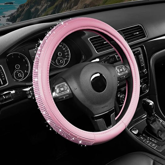 Road Comforts Bling Steering Wheel Cover – Pink Diamond Design, Universal Fit 14.5-15 Inch, Microfiber Leather, Anti-Slip & Breathable Design for Men and Women