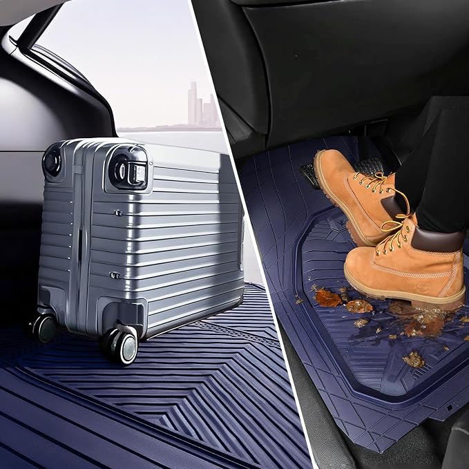 CAR PASS Heavy Duty Rubber Car Mats with Cargo Liner, Deep-Dish Car Floor Mats and Trunk Mat All Weather, Universal Trim-to-Fit for SUVs Trucks Sedans, Waterproof Anti-Slip, Trimmable V12 Blue