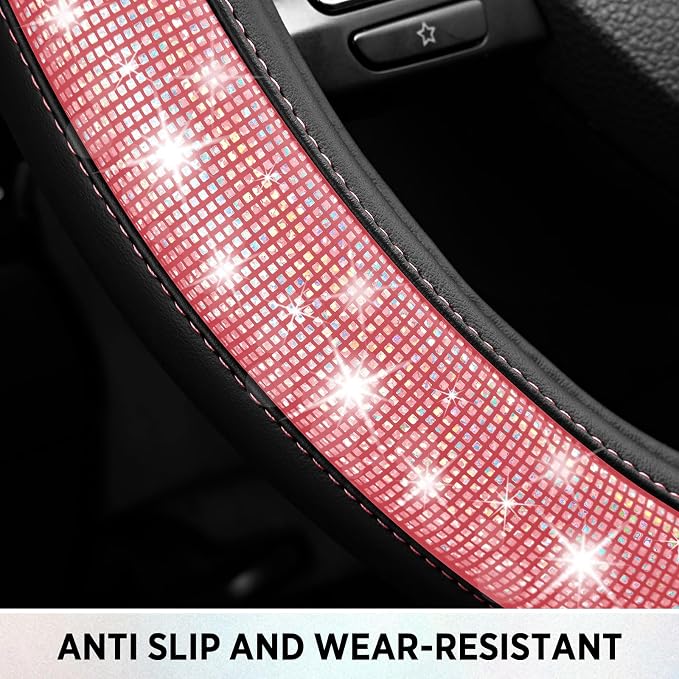 Road Comforts Pixel Glitter Steering Wheel Cover, 14.5–15 Inch Leather Steering Wheels Snug Fit, Anti-Slip Leather Grip, Elegant Sparkle Design, Universal Fit - Pink