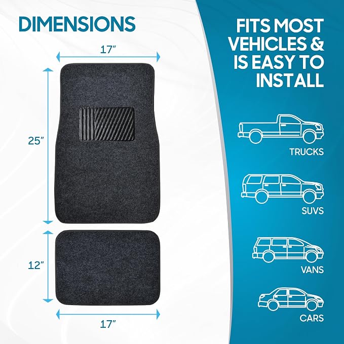 BDK Classic Carpet Floor Mats for Car & Auto - Universal Fit -Front & Rear with Heelpad (Dark Gray)