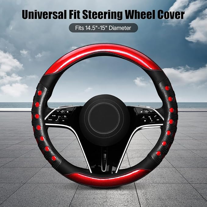 Hiseanllo Car Steering Wheel Cover, 14.5-15 Inch Universal Fit, Sporty Anti-Slip Leather Steering Wheel Protector with Glossy Color Accent, Comfortable Grip for Cars, SUVs, Trucks(Blue)