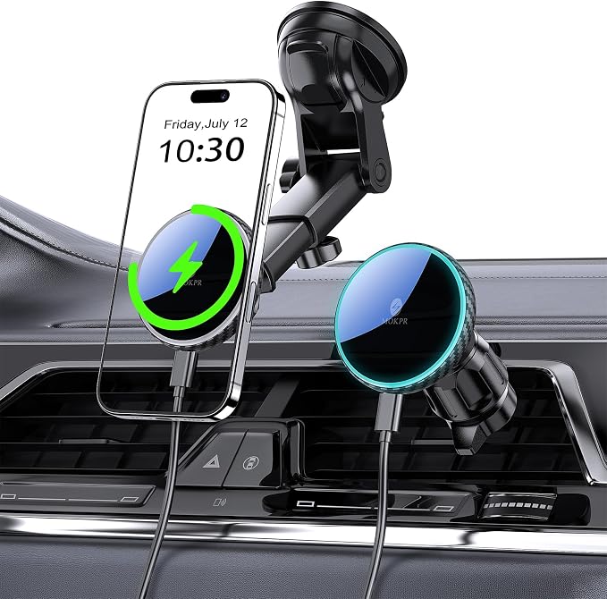 MOKPR Only for iPhone Magsafe Car Mount Charger, Magnetic Phone Holder for Your Car Charger Dash Windshield Vent Magnetic Wireless Car Charger Mount for iPhone 17 16 15 14 13 12 Carbon Firber
