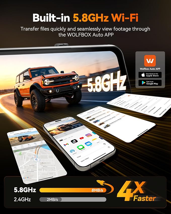 WOLFBOX G900 Tripro Cabin-N 3 Channel 4K Mirror Dash Cam,8MP STARVIS IMX678 | 12'' 4K+1080P+2.5K Front Inside Rear View Mirror Camera,Night Vision,5.8GHz WiFi,Voice Control,GPS,Car Truck SUV,No SD Card