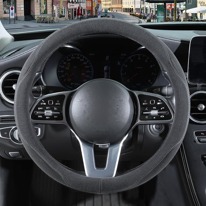 Gray Suede Steering Wheel Cover Small 13.5 inch to 14 inch | Warm in Winter and Cool in Summer, Felt Car Accessories, Breathable Non-Slip Sweat-Proof Wear-Resistant for Civic Prius