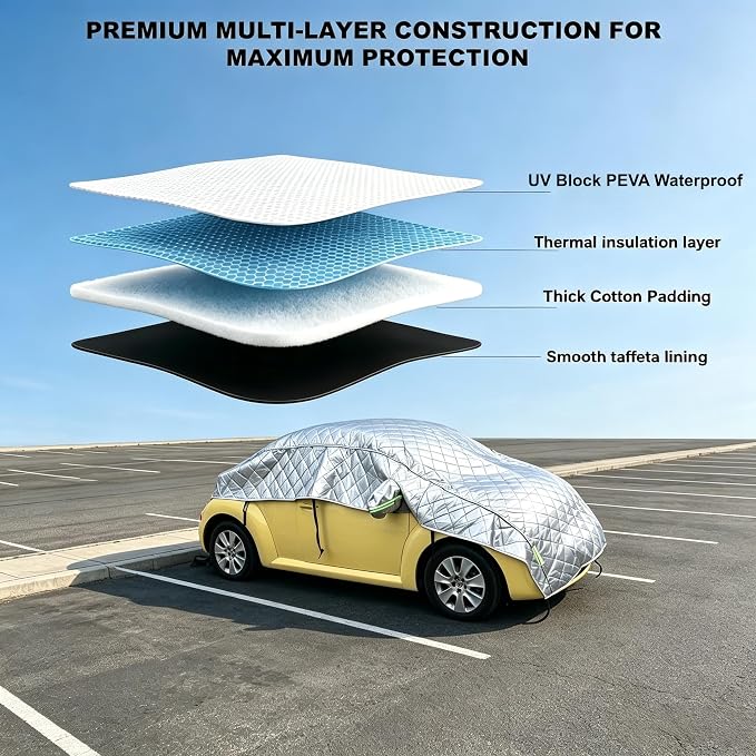 Padded Half Car Cover Hail Protector Universal Hatchback Sedan SUV | Heavy Duty Vechile Shield with Cotton Padding All-Season Protection Against UV, Heat, Hail, Snow, Ice & Dust Outdoor Parking
