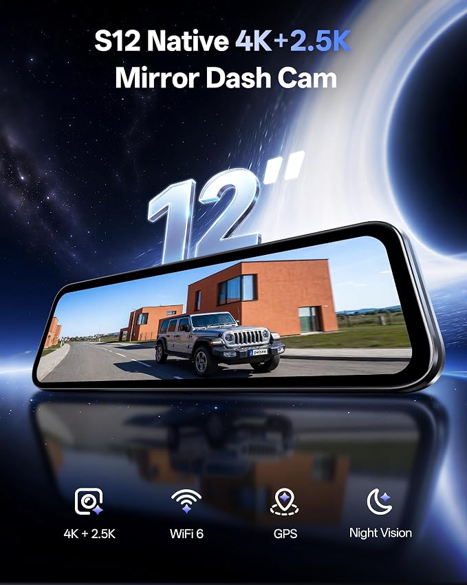 Pelsee S12 Native 4K + 2.5K Mirror Dash Cam, Rear View Mirror Camera w/ 8MP Starlit Color Night Vision, WiFi 6 30MB/s Download, GPS, 64GB Card Included, Backup Camera for SUVs Trucks Vans RVS