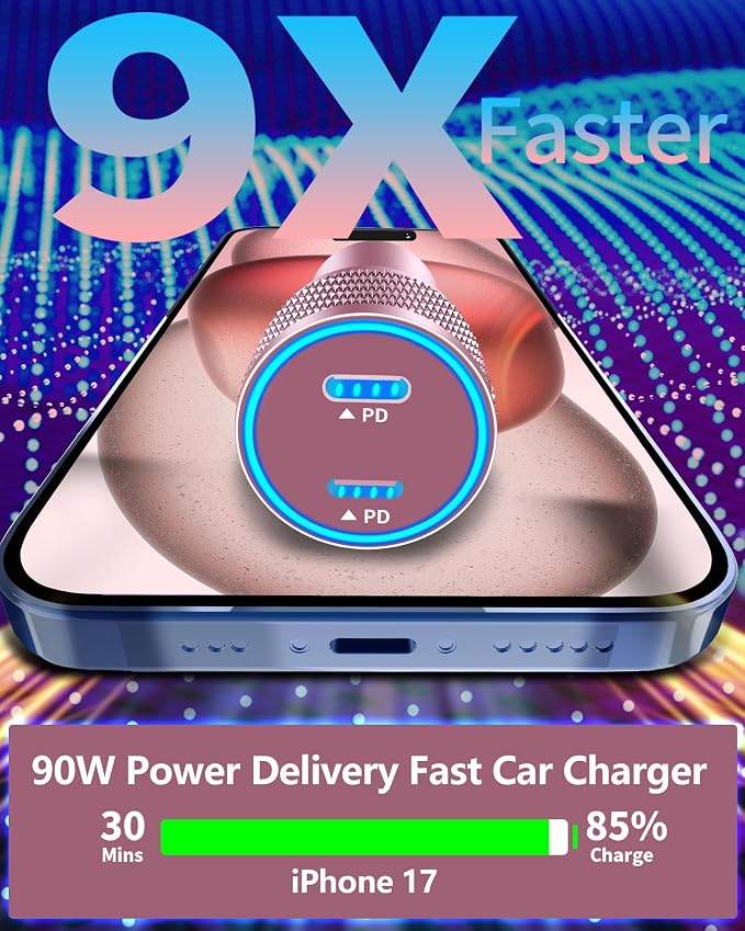[Apple MFi Certified] iPhone 17 Car Charger, Linocell 90W Dual USB C Power Cigarette Lighter Car Carplay Charger with 2Pack Type C Braided Cable for iPhone 17/17 Pro Max/16 Pro/15/Galaxy S26/S25/Pixel
