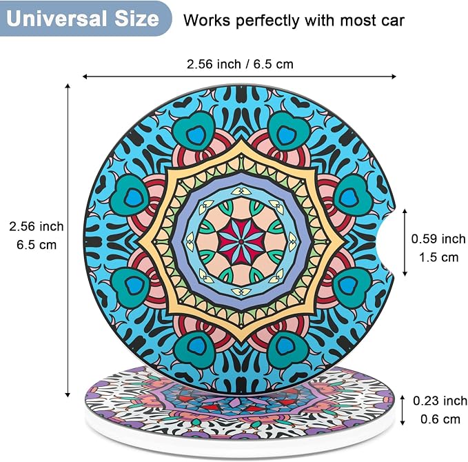 Nipichsha Car Coasters for Cup Holders, 2 Pack Absorbent Ceramic Car Cup Holder Coaster for Drinks, Cute Auto Assecories for Women Men, Size 2.56 in with Finger Notch & Cork Base, Mandala