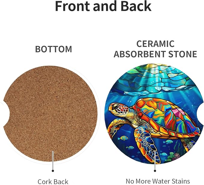Sea Turtle Ocean Car Cup Holder Coasters 2 Pack 2.63" for Women | Stained Glass Universal Anti Slip Ceramic Absorbent Coaster with Cork Base and Finger Notch Cute Car Accessories Interior