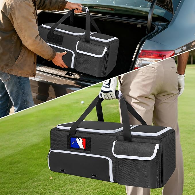 DSLEAF 2 Layer Golf Trunk Organizer, Golf Car Locker for Men & Women, Black | Reinforced Structure, Bottom Shoe Space for 2 Pair of Golf Shoes, Multiple Pockets for Balls, Tees and Gloves