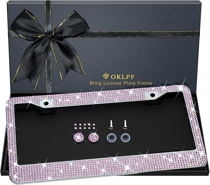 Bling License Plate Frame for Women, Sparkly Stainless Steel License Plate Frames| Over 1200 pcs 14 Facets Bedazzled Clear Glass Diamond Rhinestone Crystals w/Free Glitter Diamond 1PCS Box (Pink)