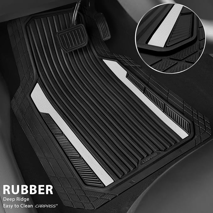 CAR PASS Heavy Duty Rubber Car Mats Metallic, Aluminum Film All Weather Floor Mats Waterproof Universal Trim to Fit for SUV Sedan Van 4 Piece Deep Dish Two-Tone Sporty Black Silver Chrome