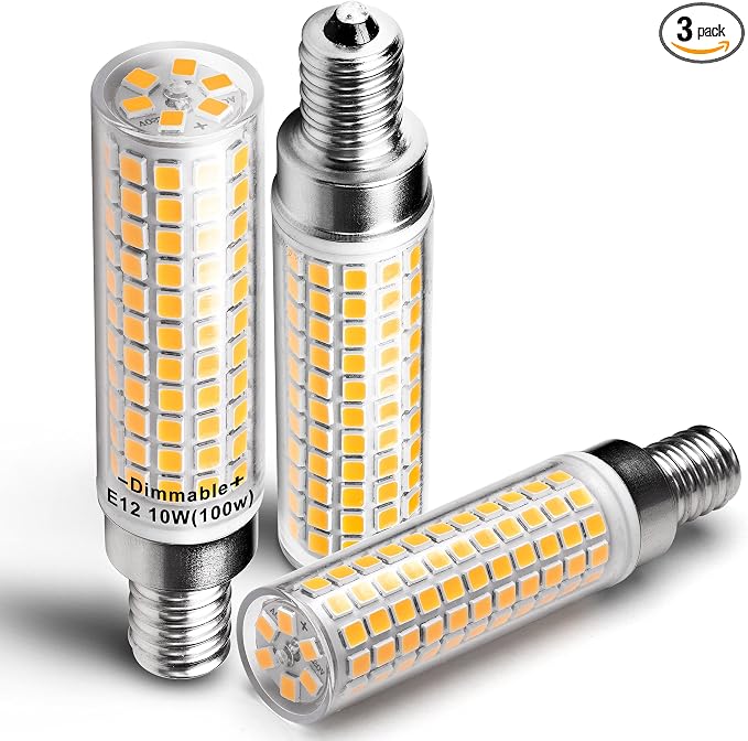 E12 Dimmable Candelabra Light Bulb 100W Equivalent 2700K Warm White, 3 Pack | C7 T6 LED Corn Bulb, 10 Watt, 1000lm, AC120V, for Home Decorative Chandelier Ceiling Fan Pendant Lighting Salt Lamp