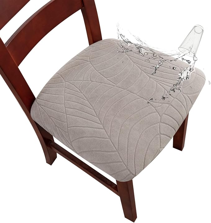 Genina Waterproof Seat Covers for Dining Room Chairs, Stretch Chair Covers Removable Washable Dinning Room Kitchen Chair Seat Cushion Slipcovers (Leaves-Warm Gray, 2 PCS)