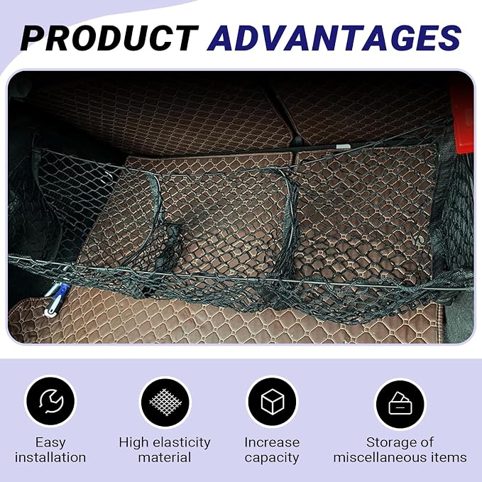 Car Cargo Net, Expandable 3 Pocket Trunk Organizer Mesh, High-elastic Storage Net with 4 Carabiners, Universal Storage Accessoryfor Car, SUV, Pickup Truck (Black)