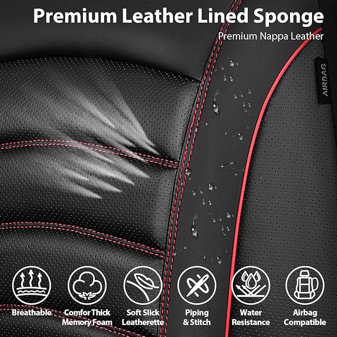CAR PASS 3D Foam PU Leather Car Seat Covers, Universal Seat Covers Full Sets for Trucks SUV Sedan Automotive Seat Covers Armrest Airbag Compatible Waterproof Comfortable Faux Nappa Leather Black Red
