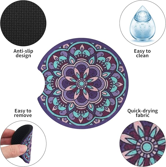 tifanso 2PCS Mandala Non-Slip Car Cup Holder Coasters for Women | Universal Fit for Standard Cup Holders, Easy to Clean & Remove, Adorable Floral Decor, Ideal Gift for Girls & Car Lovers
