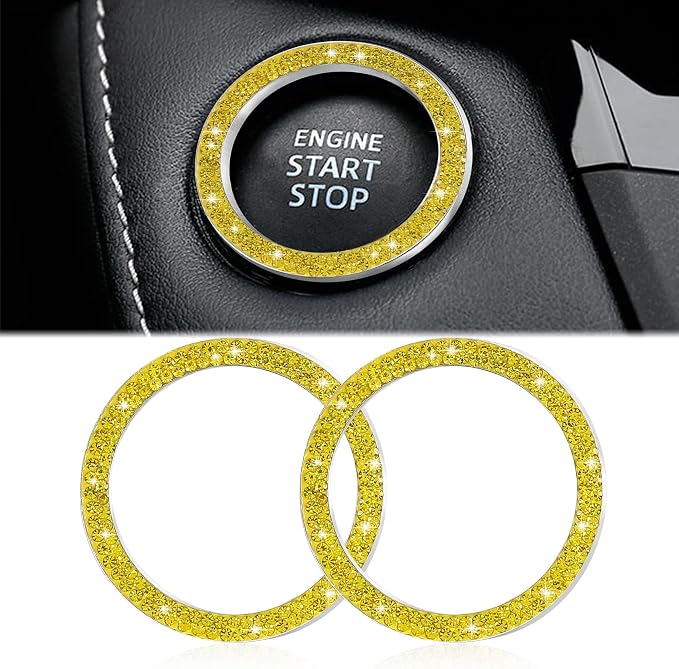 WINKA 2pcs Bling Car Engine Start Button Cover Diamond Crystal Push Start Stop Button Ring Sparkly Bling Ignition Button Cover Rhinestone Keyless Ignition Ring Universal Car Accessories (Yellow)