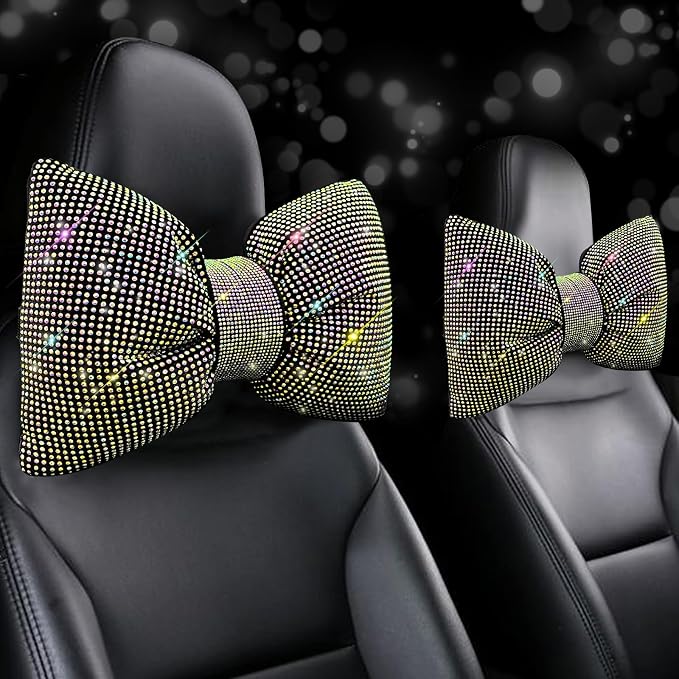 4 PCS Bling Car Pillows,Rhinestones Bowknot Car Headrest Pillow,Car Neck Pillow for Driver Relax Necksupport,Sleeping Travel Support Neck Pillow,Shiny Diamond Interior Accessories for Women,colorful