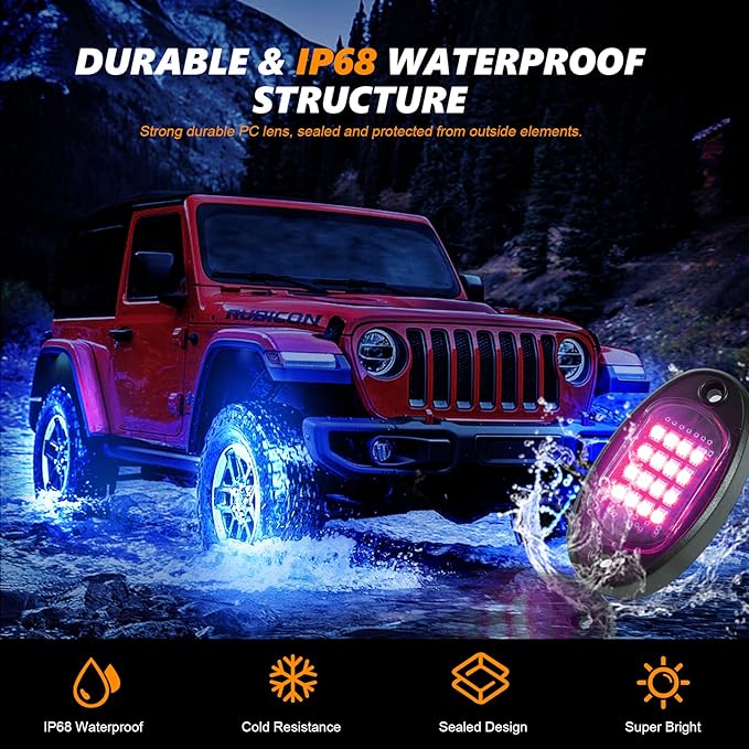12 Pods RGB LED Rock Lights for Trucks Golf Cart Pickup Offroad RV UTV ATV SUV, Waterproof Multicolor Underglow Kit for Cars with APP Music Mode, Vehicle Underbody Light Underneath Accent 12V