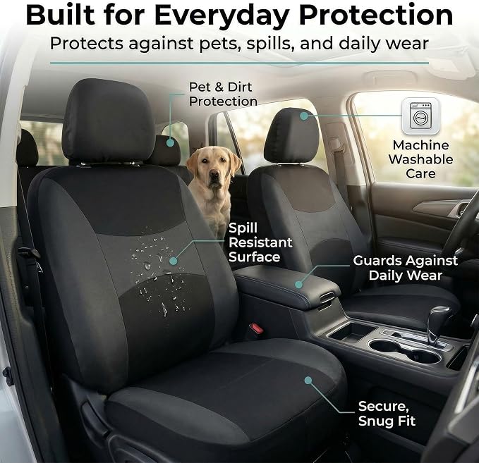 FH Group Universal Car Seat Covers Full Set for SUV Truck Sedan Vans | All-Purpose Cloth Seat Cover Set Airbag Compatible Washable Split Bench Protector Interior Upgrade - Black