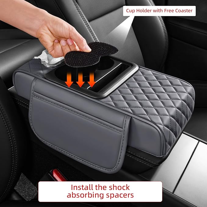 5 in 1 Nappa Leather Console Armrest Cover, Gray | Built-in cup holder, tissue slot, phone holder & 2 storage pockets, practical car accessories fit SUV sedan truck