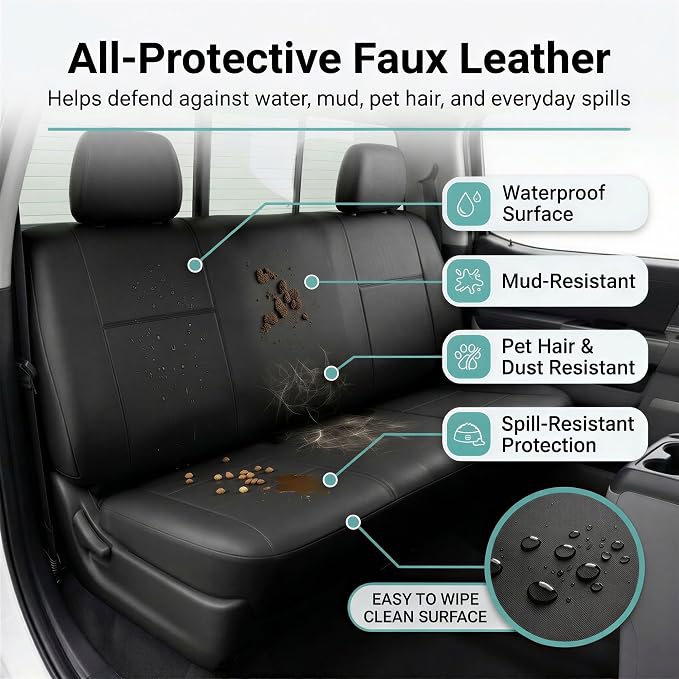 FH Group Classic PU Leather Split Bench Car Seat Cover – Universal Fit for Cars Trucks & SUVs (Black)
