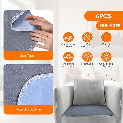 Waterproof Chair Pads for Incontinence Absorbent Seat Protector Pads for Adults Chucks Pads Washable Chair Protector Pads for Chairs Bed Adults, Elderly, Kids & Pets Gray 21"X22"4 Pack