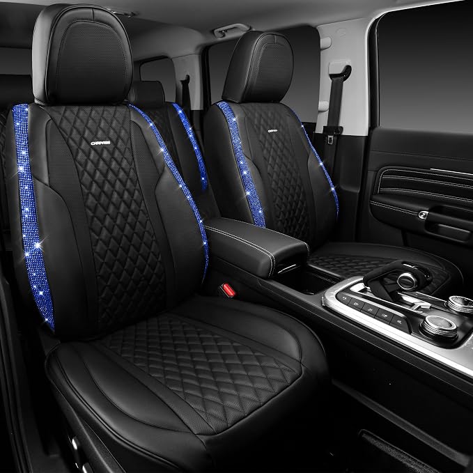 CAR PASS Nappa Leather seat Covers Bling Diamond Car Seat Covers Full Set Universal Cushioned, Waterproof Heavy-Duty Anti-Slip Luxury, Fit for SUV Sedan,Sparkly Glitter Women Crystal Blue Rhinestone