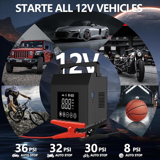 Jump Starter with Air Compressor, 4000A Car Battery Jump Starter(All Gas/8.0L Diesel) with 150PSI Tire Inflator 12V Car Battery Jump Power, Power Bank with LED Light, with Type-C Quick Charge