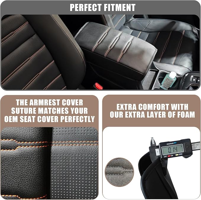 Muslogy Center Console Armrest Cover Fit for Honda CR-V & CRV Hybrid 2023-2026 2026 Accessories, Comfort Armrest Pad Console Lid Cushion Vegan Leather Regular Thick(Black/Orange Trim)