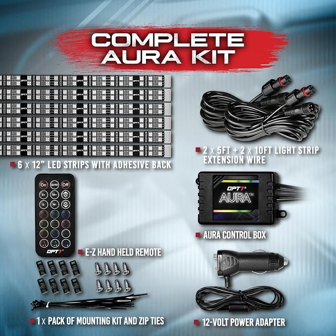 OPT7 Aura Double Glow RGB Interior Truck & SUV Lights with Remote Control | Ultra Bright Ambient Glow, Extended Underdash Lighting, 6PC Multicolor LED Strip, Sound Sync, 12V Crew Cab Truck Accessories