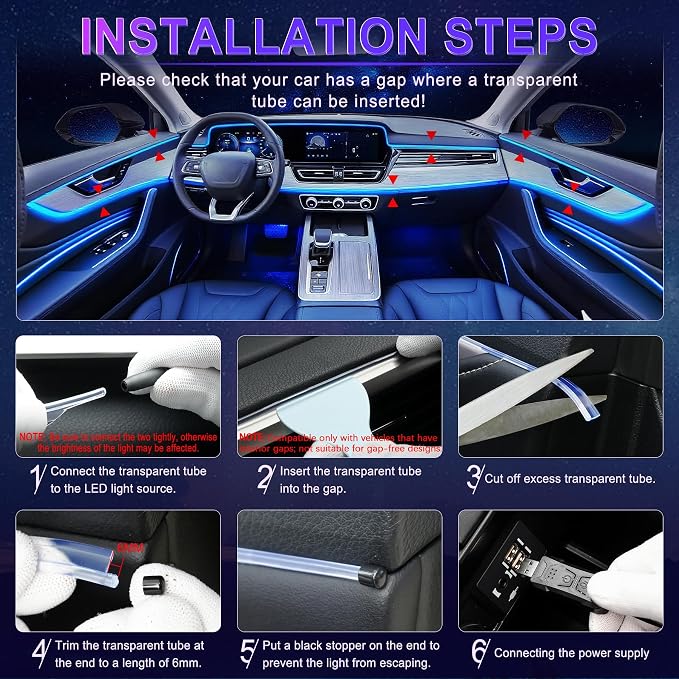 LivTee Smart LED Car Lights Interior with USB Port, LED Strip Fiber Optic Ambient Lighting Car, Wireless App Control, Sync to Music, Car Decorations Interior Accessories Gifts for Women Men, 6 in 1