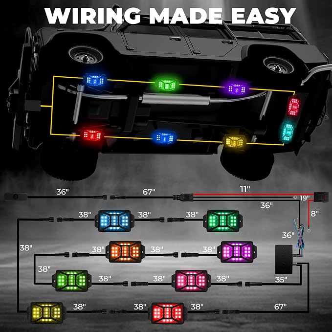 8 Pods Five Sided RGB Rock Lights for Trucks UTV SUV ATV Golf Cart, Multi Chasing Color App/2 Remote Control Led Rock Lights with Music Mode, Waterproof Exterior Underglow Kits for Cars(Patented)