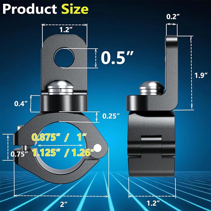 LOKTENWO 2PCS 360°Adjustable ATV Whip Light Mount, Heavy Duty CNC Light Bar Mounting Bracket for Motorcycle Golf Cart Universal 0.875''/1''/1.125''/1.26” Roll Cage
